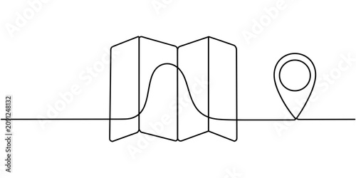Quadro su tela Continuous One Line Drawing of Folded Travel Map with Route and Location Pin