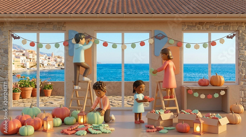 Cartoon Family Preparing for Halloween on a Mediterranean Terrace by the Sea