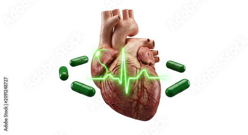 3D Illustration of a Human Heart with a Green ECG Line and Pills Levitating