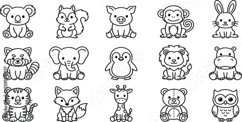 Photography Cute cartoon animal line icon set featuring baby koala, squirrel, pig, monkey, r