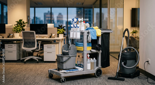 Фотография Cleaning service cart with spray bottles, cloths, vacuum, and supplies in an off