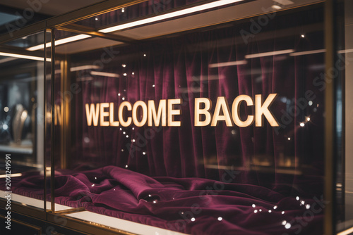 Welcome back neon sign, luxury store display, purple velvet drapes, modern retail window