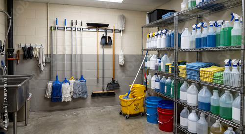Fotografia Large janitorial supply room with stocked shelves, cleaning bottles, buckets, mo