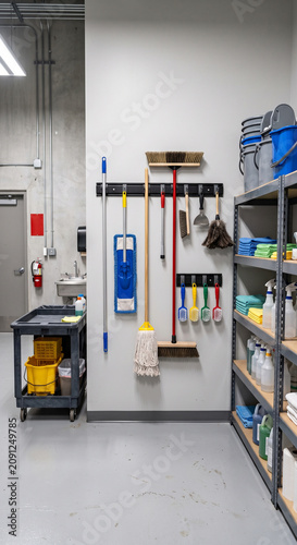 Janitorial closet with yellow mop bucket, wall mounted tools, cleaning bottles, and supply shelves in a utility room in a clean indoor maintenance setting