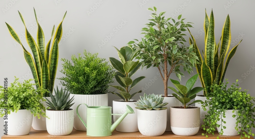 Fototapeta premium Collection of Various Green Houseplants in White Ceramic Pots with a Green Watering Can on a Wooden Shelf