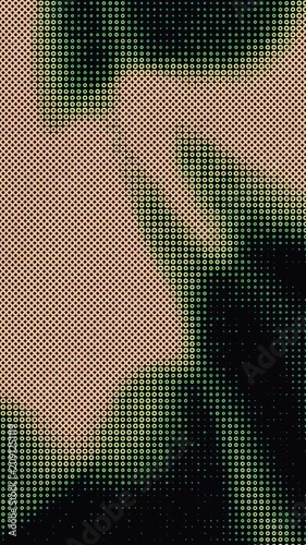 Camouflage Texture Close-up: A detailed close-up of a camouflage pattern rendered in a halftone dot style, offering a textured and abstract visual.