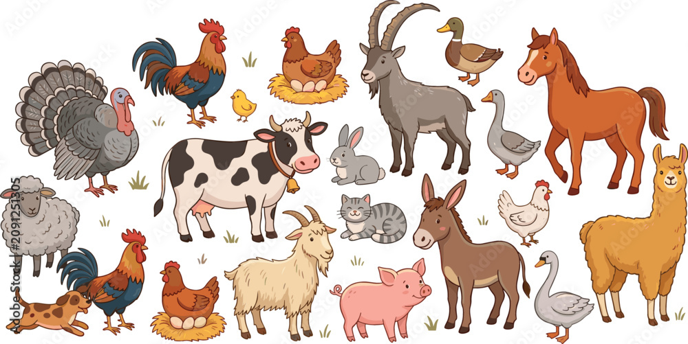 Fototapeta premium Cute farm animals vector collection featuring domestic livestock cow horse pig sheep goat and poultry isolated on white background flat cartoon illustration