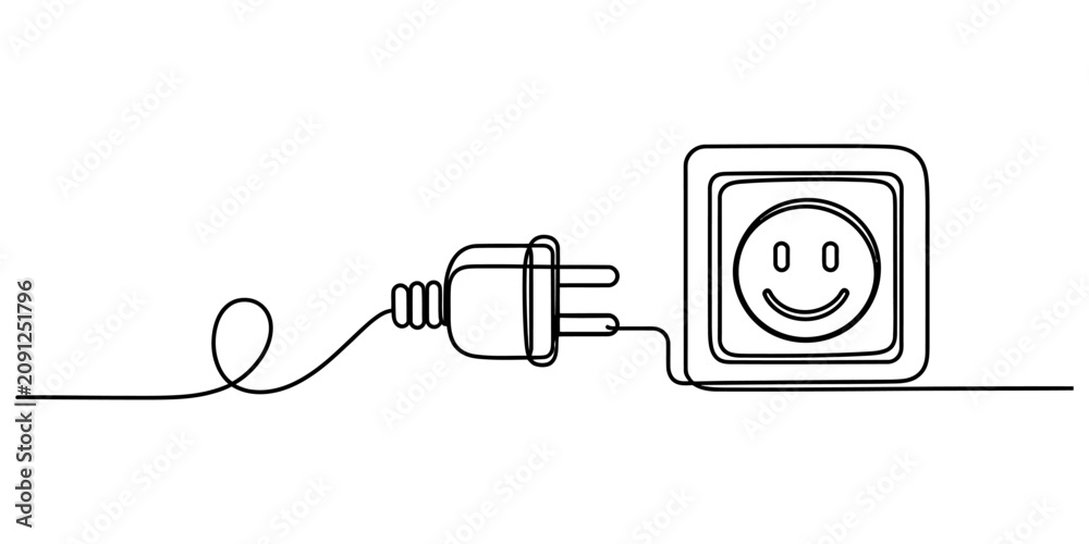 Obraz premium Continuous line drawing of an electric plug and a happy smiley face wall power socket