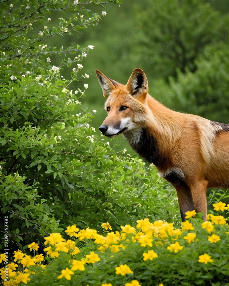 Fototapeta premium A maned wolf genetic hybrid experiment fantasy animal, in a flower filled ridge