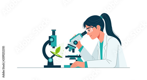 Female Scientist or Biologist Using Microscope to Study Plant Leaf, Laboratory Research and Biotechnology Vector Illustration Concept