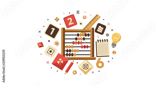 Abacus and Mathematics Education Illustration with School Supplies, Numbers, and Lightbulb Icon for Creative Learning, Accounting, and Arithmetic Concepts