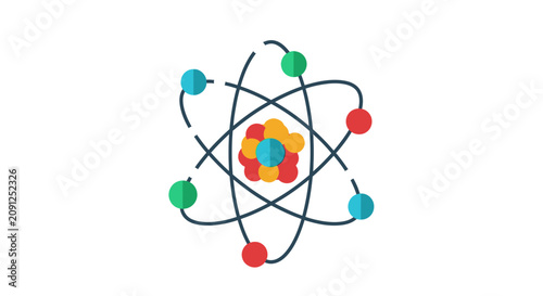 Atomic Model Vector Illustration, Colorful Flat Science Icon of Atom Structure with Nucleus and Electrons Orbitals Isolated on White