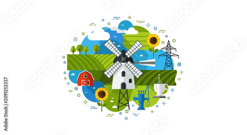 Flat Design Agriculture and Sustainable Farming Concept Illustration with Windmill, Barn, Sunflowers, and Green Fields on White Background
