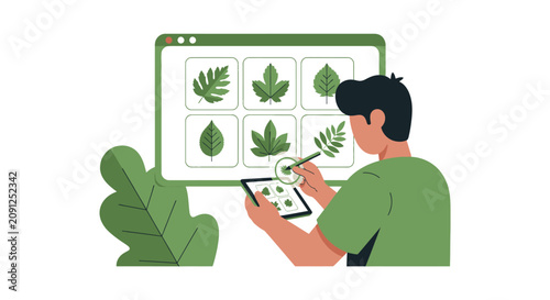 Digital Botany Illustration: Man Studying Leaf Species on Tablet and Screen