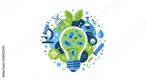 Green Biotechnology Innovation Concept with Light Bulb, Microscope, and DNA Helix Flat Vector Illustration for Scientific Research and Sustainable Bioenergy