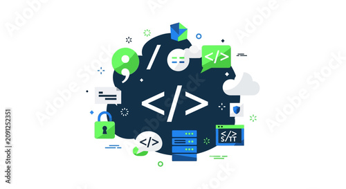 Cloud Computing and Software Development Illustration with Coding Symbols, Servers, and Cybersecurity Icons