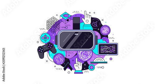 Virtual Reality and Metaverse Technology Illustration with VR Headset, Game Controller, and Digital Interactive Elements in Modern Flat Line Style