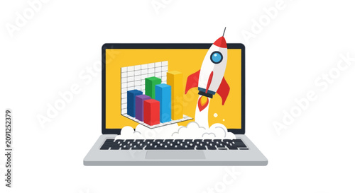 Business Startup Growth Concept with Rocket Launching from Laptop and Financial Bar Charts on Screen, Digital Marketing and Success Illustration