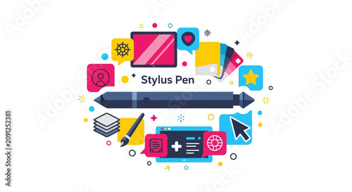 Stylus Pen Illustration with Graphic Design and Digital Art Icons - Flat Vector Design Concept for Creativity and Technology