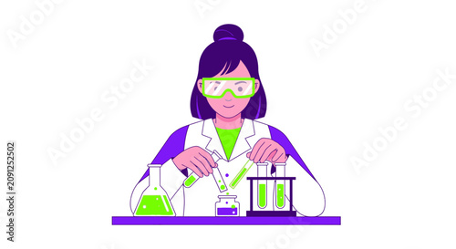 Female Scientist in Lab Coat Conducting Chemistry Experiment with Test Tubes and Flasks, Flat Vector Illustration for STEM and Science Research