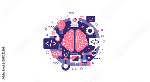 Artificial Intelligence and Machine Learning Concept with Human Brain Circuitry, Coding Symbols, Robotics, and Innovative Technology Icons in Flat Vector Style