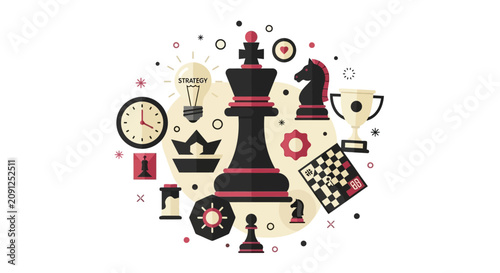 Business Strategy and Leadership Concept Illustration with Chess Pieces, Lightbulb, and Trophy