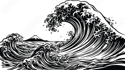 Картината върху платно Japanese great wave ukiyo-e style line art illustration, giant ocean waves crash
