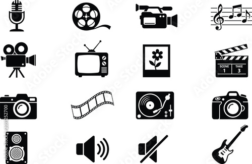 Cuadro en lienzo Multimedia icons, audio video photography symbols, cinema movie camera clapperbo
