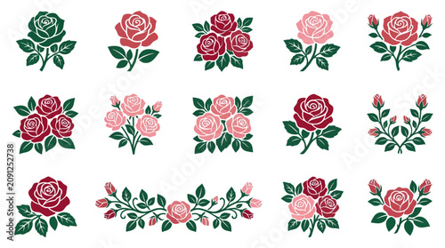 Bild auf Leinwand Modern Minimalist Rose Illustrations in Red Pink and Dark Burgundy Shades for De