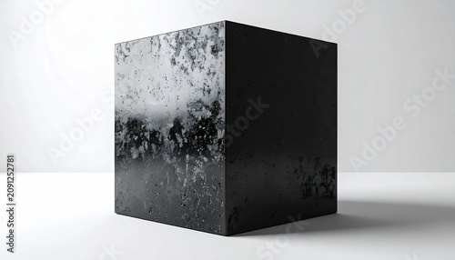 Textured Black Cube Object with Grungy Surface in Studio Lighting