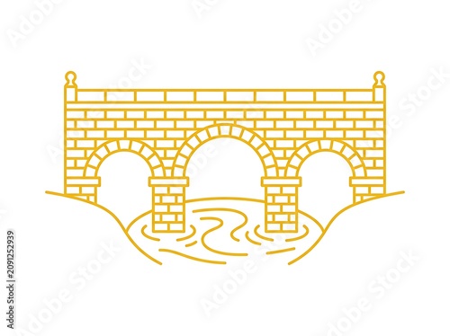 Minimalist line art illustration of a stone bridge over a river