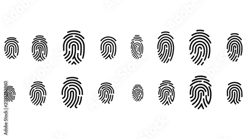 Biometric fingerprint identity verification icons set for security and data access tech.