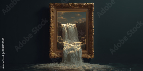 A golden framed painting displays a majestic waterfall cascading out of the frame and pooling on the floor, blending art with reality