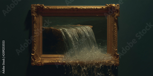 A surreal artwork depicting a waterfall cascading out of a golden antique picture frame, creating a dynamic visual effect