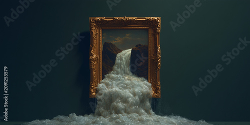 A framed painting of a waterfall with water overflowing and spilling out, set against a dark teal wall