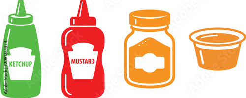 Foto Set of colorful condiment bottles and sauce containers for fast food