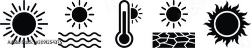 Fotografie Hot weather vector icons set sun heat and temperature symbols