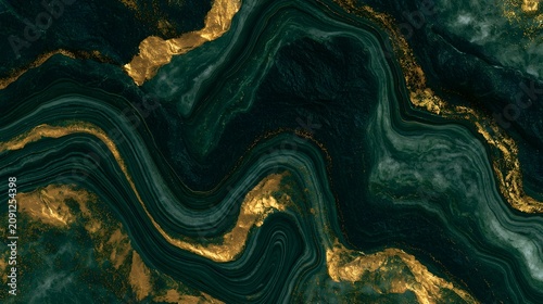 Dark emerald green and golden swirls form an abstract flowing pattern resembling natural stone or mineral veins