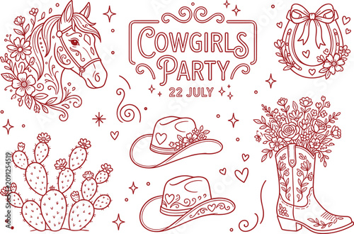 Tableau sur toile Country style birthday bash graphic collection with outline symbols of cowboy ha