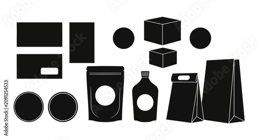 Black and white packaging design elements with collection black silhouette resources bottles graphic labels boxes icons bags