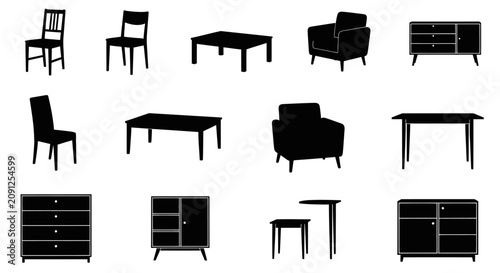 Photography Collection of black furniture silhouettes on white background with silhouettes i