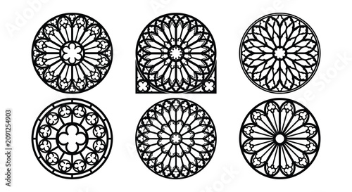 Schilderij op canvas Gothic rose window silhouettes on a white background vector illustrations