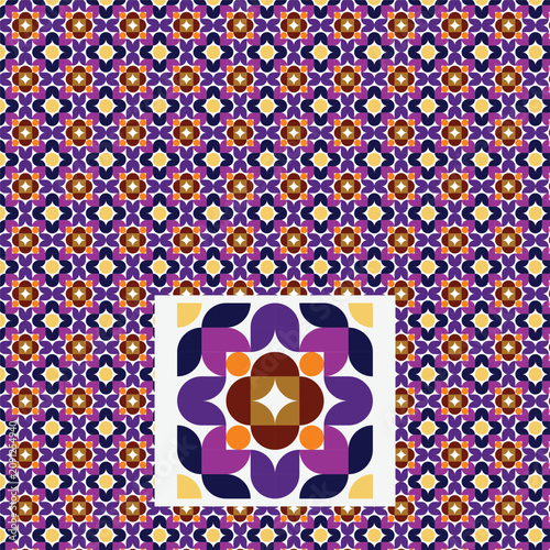 Geometric pattern with floral elements and abstract shapes in vibrant purple and yellow.