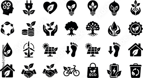 Ecology and green energy black silhouette icons set featuring renewable solar wind power recycling sustainable home eco friendly transport and environment protection vector illustration