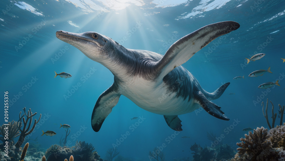 Obraz premium Photorealistic Plesiosaur swimming in its natural prehistoric marine habitat