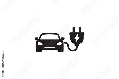 Electric car charging icon showing vehicle connected to power supply for sustainable travel.