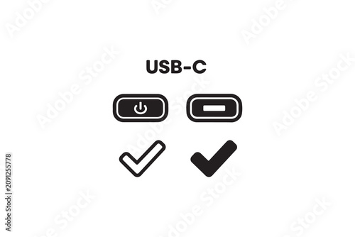 Usb c power button and check mark interface symbols for modern electronic device control.