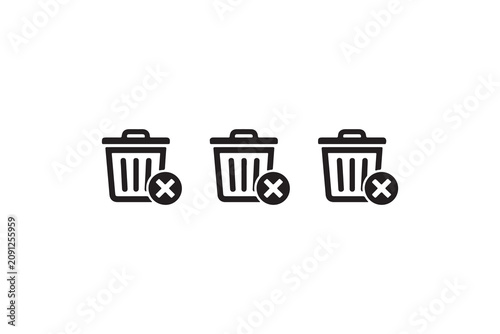 Trash bin with delete cross mark icons set for software interface and digital management.