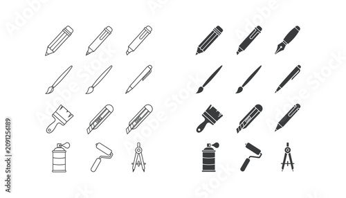 Flat line art set of drawing and painting tools