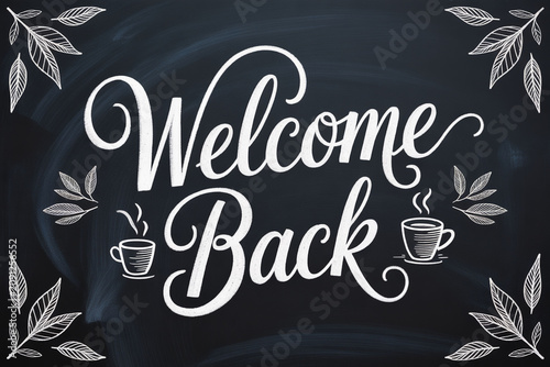 Welcome back message, steaming coffee cups, leafy border, chalkboard background, typography art